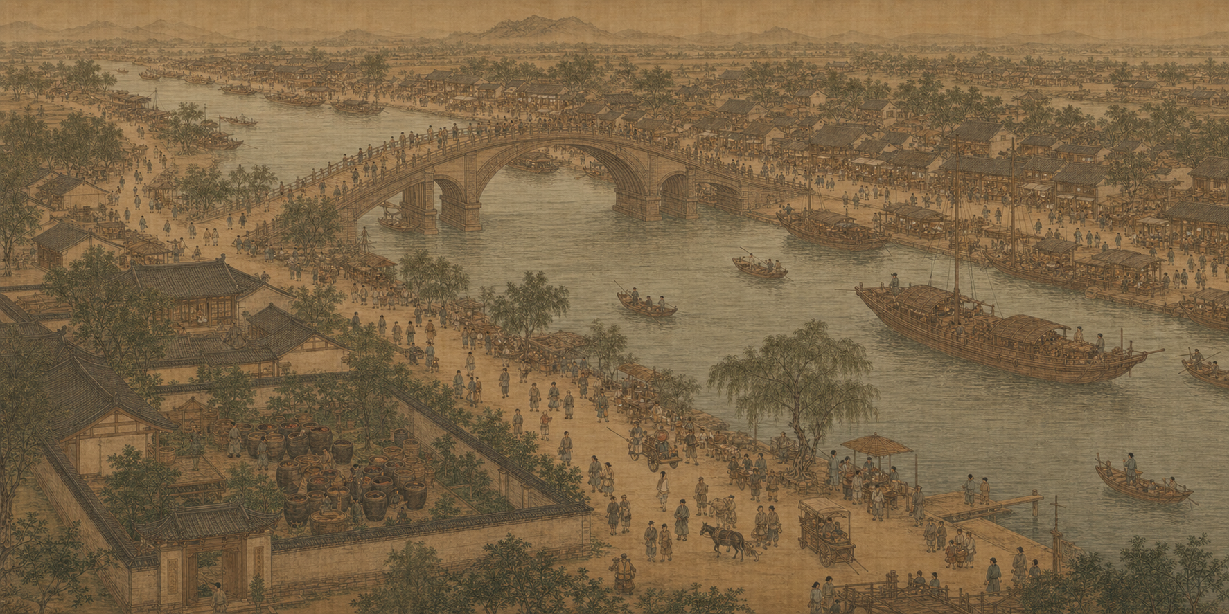 Open market and river trade scene in Song-style silk painting