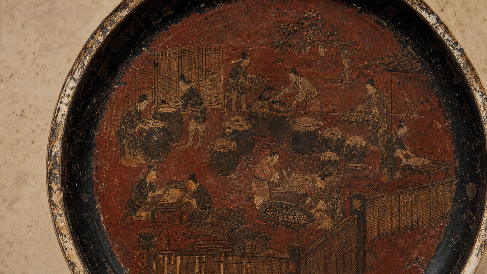 Fermented seasoning origin illustration inspired by a Han-style lacquer tray